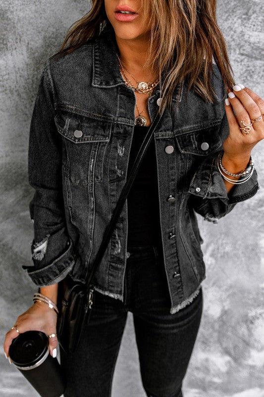 Denim Lapel Distressed Raw Hem Buttoned Jacket- Boho Chic Styles by Reef Love