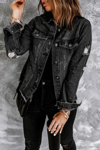 Denim Lapel Distressed Raw Hem Buttoned Jacket- Boho Chic Styles by Reef Love