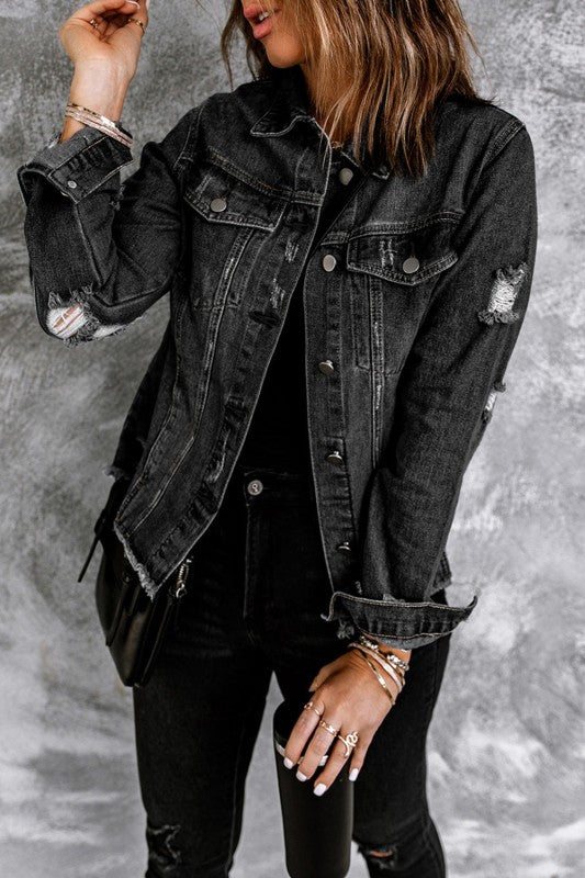 Denim Lapel Distressed Raw Hem Buttoned Jacket- Boho Chic Styles by Reef Love