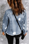 Denim Lapel Distressed Raw Hem Buttoned Jacket- Boho Chic Styles by Reef Love