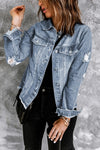 Denim Lapel Distressed Raw Hem Buttoned Jacket- Boho Chic Styles by Reef Love