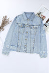 Denim Lapel Distressed Raw Hem Buttoned Jacket- Boho Chic Styles by Reef Love