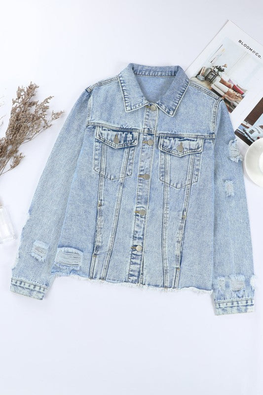 Denim Lapel Distressed Raw Hem Buttoned Jacket- Boho Chic Styles by Reef Love