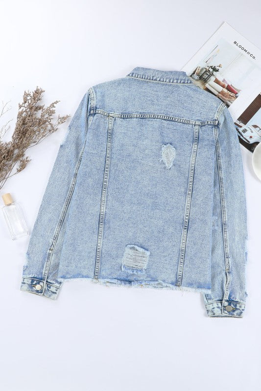 Denim Lapel Distressed Raw Hem Buttoned Jacket- Boho Chic Styles by Reef Love