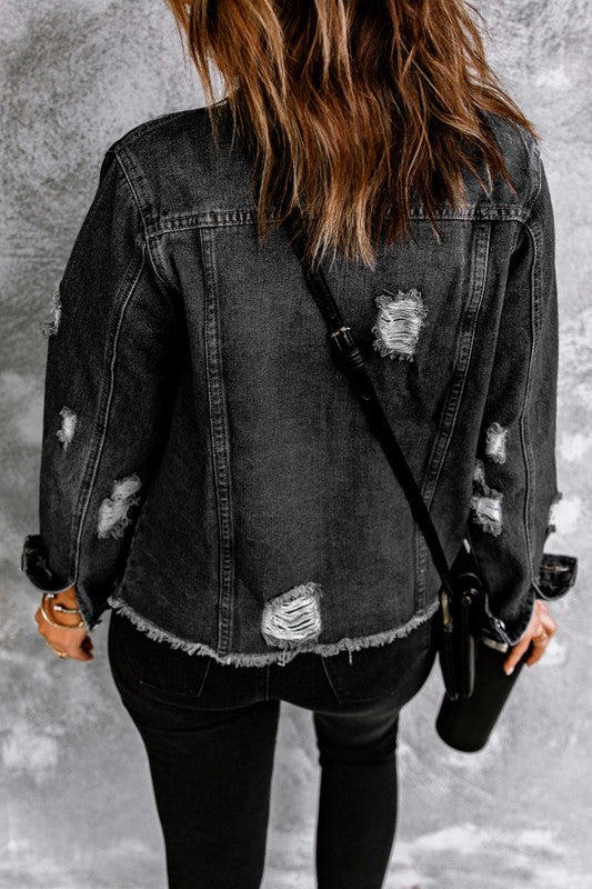 Denim Lapel Distressed Raw Hem Buttoned Jacket- Boho Chic Styles by Reef Love