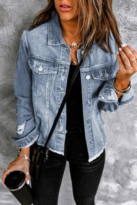 Denim Lapel Distressed Raw Hem Buttoned Jacket- Boho Chic Styles by Reef Love