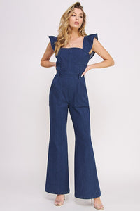 Denim Ruffle Sleeve Flare Leg Jumpsuit