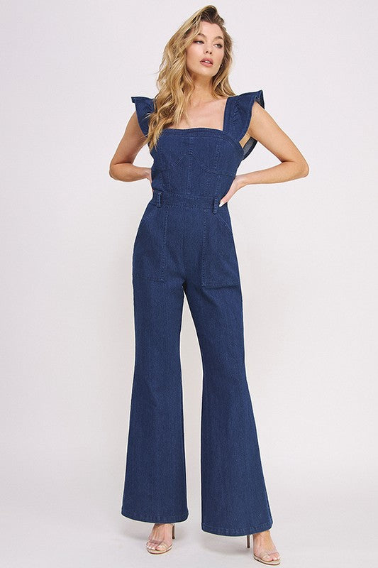 Denim Ruffle Sleeve Flare Leg Jumpsuit