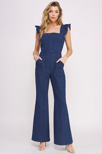 Denim Ruffle Sleeve Flare Leg Jumpsuit