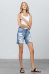 Destroyed Bermuda Denim Shorts with Raw Edge Hem-Bermuda Jean Shorts-Insane Gene-Reef Love