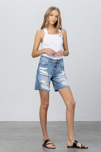 Destroyed Bermuda Denim Shorts with Raw Edge Hem-Bermuda Jean Shorts-Insane Gene-Reef Love
