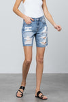 Destroyed Bermuda Denim Shorts with Raw Edge Hem-Bermuda Jean Shorts-Insane Gene-Reef Love