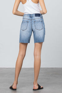 Destroyed Bermuda Denim Shorts with Raw Edge Hem-Bermuda Jean Shorts-Insane Gene-Reef Love