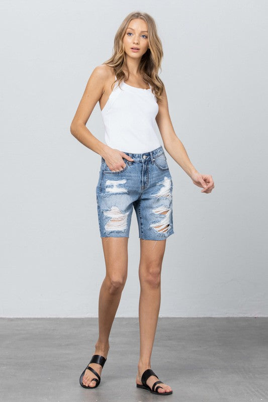 Destroyed Bermuda Denim Shorts with Raw Edge Hem-Bermuda Jean Shorts-Insane Gene-MEDIUM-XS-Reef Love