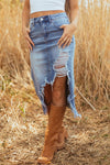 Distressed Asymmetrical Hem Denim Midi Skirt