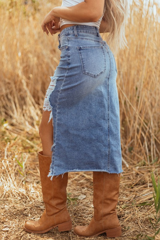 Distressed Asymmetrical Hem Denim Midi Skirt