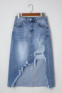 Distressed Asymmetrical Hem Denim Midi Skirt