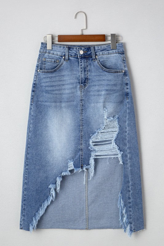 Distressed Asymmetrical Hem Denim Midi Skirt