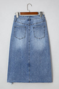 Distressed Asymmetrical Hem Denim Midi Skirt