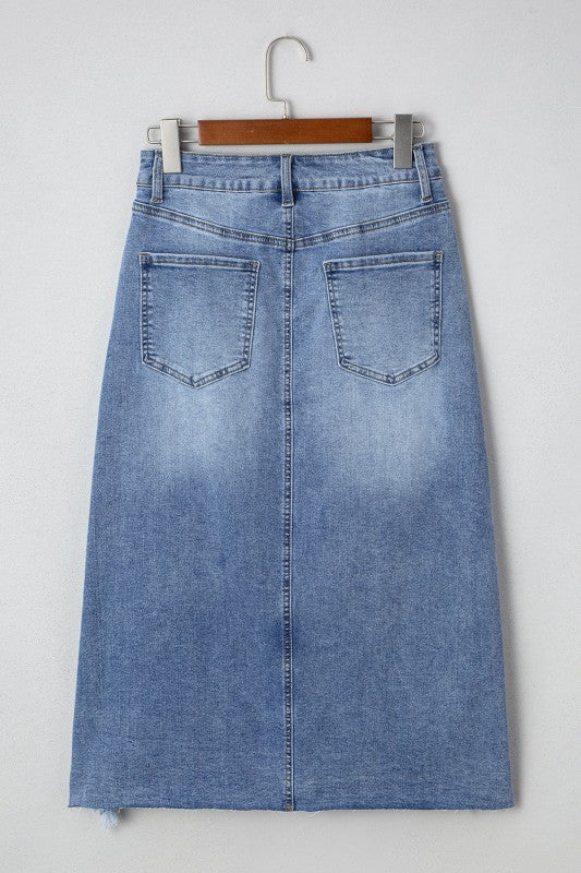 Distressed Asymmetrical Hem Denim Midi Skirt