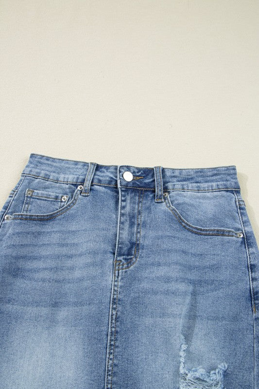 Distressed Asymmetrical Hem Denim Midi Skirt