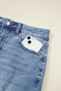 Distressed Asymmetrical Hem Denim Midi Skirt