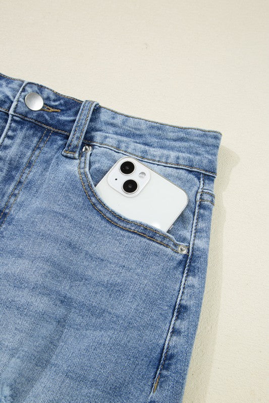 Distressed Asymmetrical Hem Denim Midi Skirt