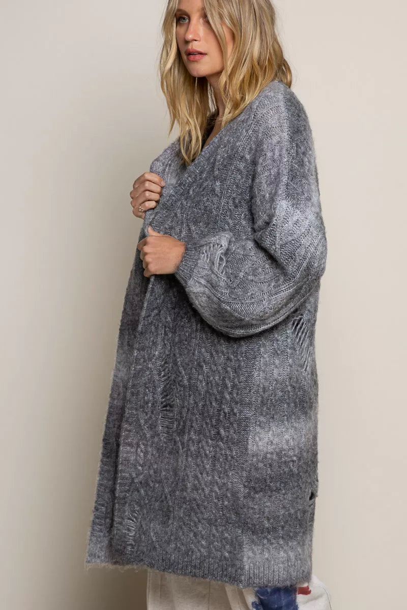 Distressed Cable-Knit Ombre Dying Cardigan-Distressed cable-knit ombre dye cardigan with oversized fit. Cozy statement layer with edgy detailing and boho-chic versatility for cool weather style.-Reef Love