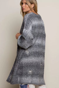 Distressed Cable-Knit Ombre Dying Cardigan-Distressed cable-knit ombre dye cardigan with oversized fit. Cozy statement layer with edgy detailing and boho-chic versatility for cool weather style.-Reef Love