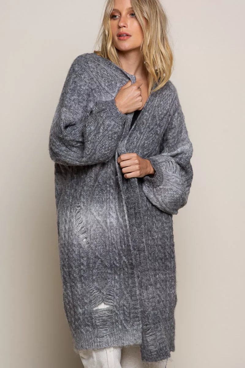 Distressed Cable-Knit Ombre Dying Cardigan-Distressed cable-knit ombre dye cardigan with oversized fit. Cozy statement layer with edgy detailing and boho-chic versatility for cool weather style.-Reef Love