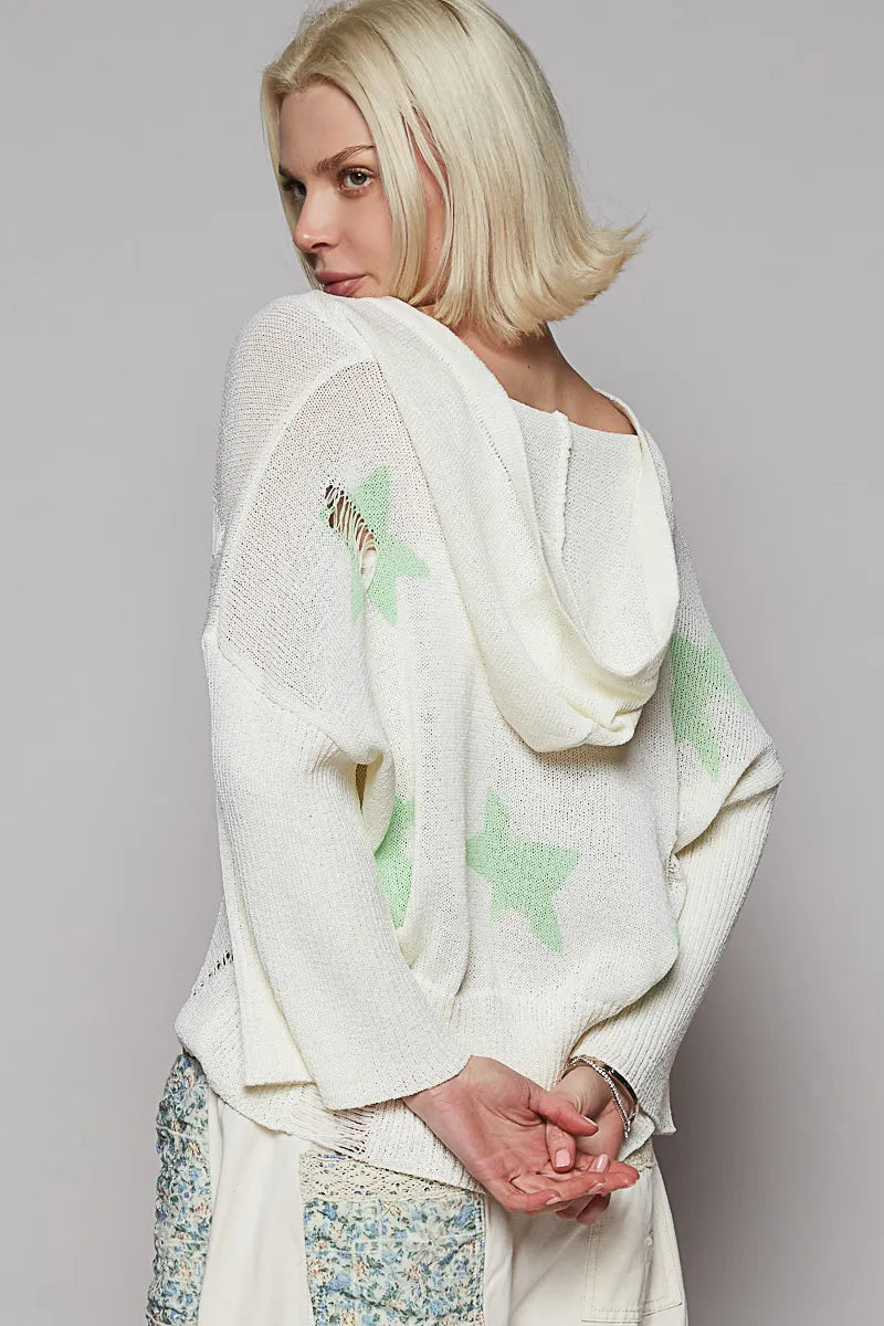 Distressed Lace-Up Star Pattern Hooded Hooded Sweater-Reef Love