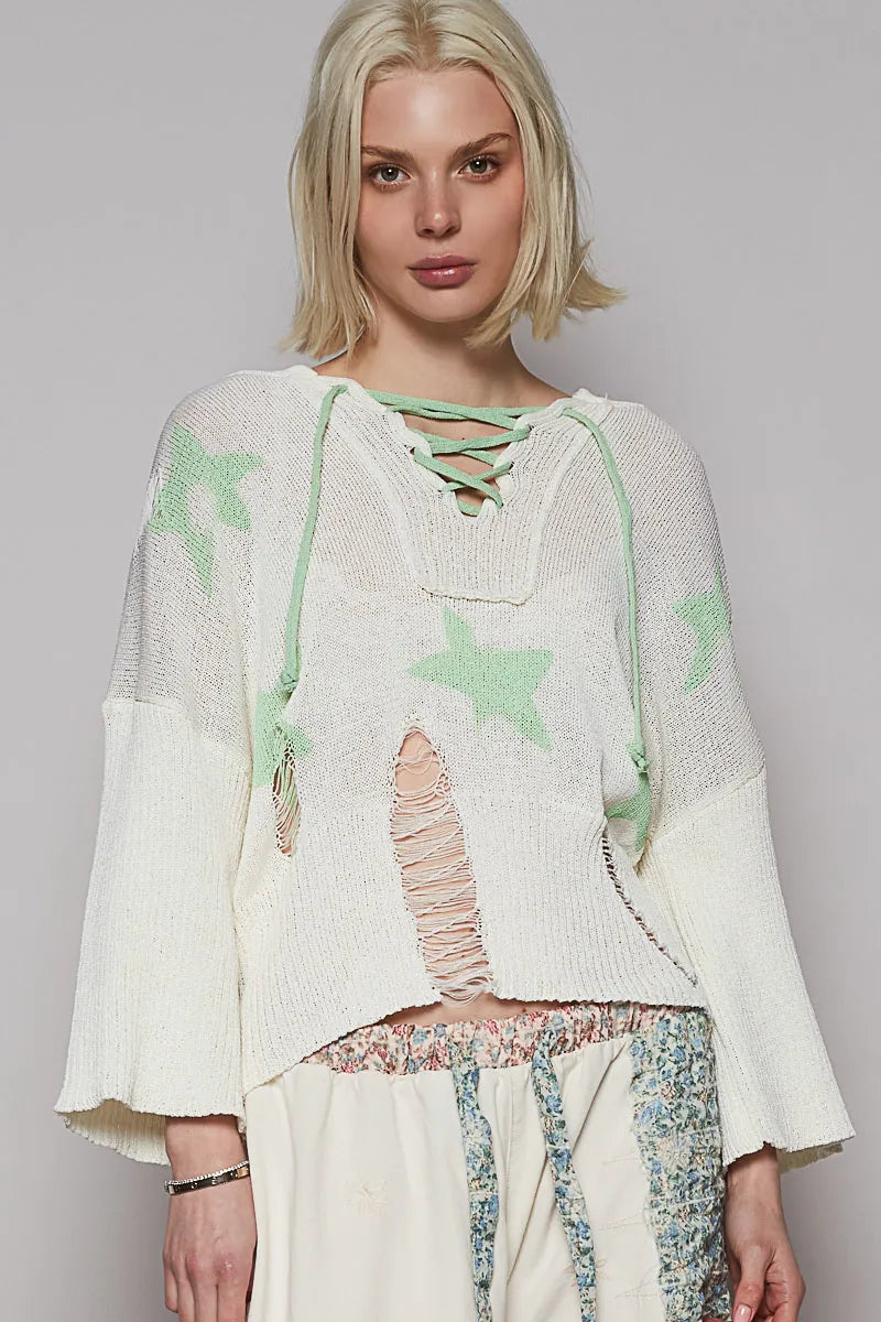 Distressed Lace-Up Star Pattern Hooded Hooded Sweater-Reef Love