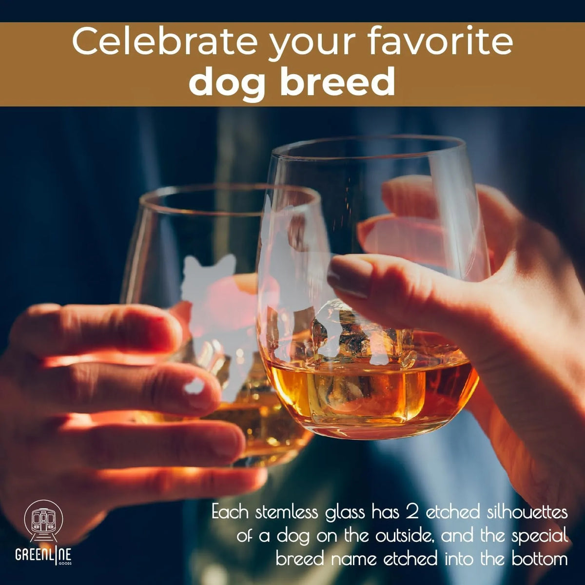 French Bulldog Stemless Wine Glasses (Set of 2) - Unique for Dog Lovers - Etched 2-Sided Frenchie Silhouette with Breed Name on the Bottom