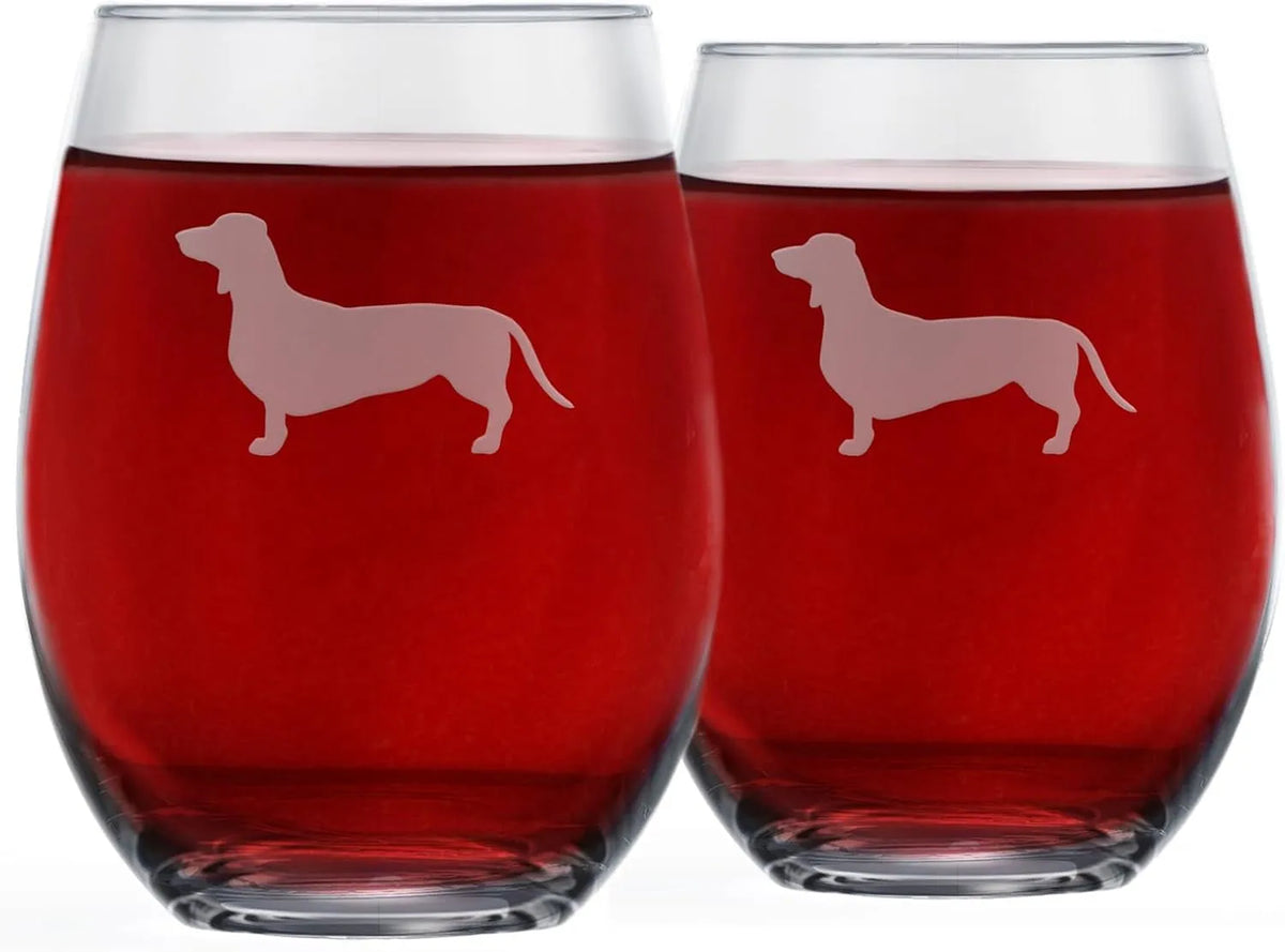 Dachshund Stemless Wine Glasses (Set of 2) - Unique for Dog Lovers - Etched 2-Sided dog Silhouette with Breed Name on the Bottom