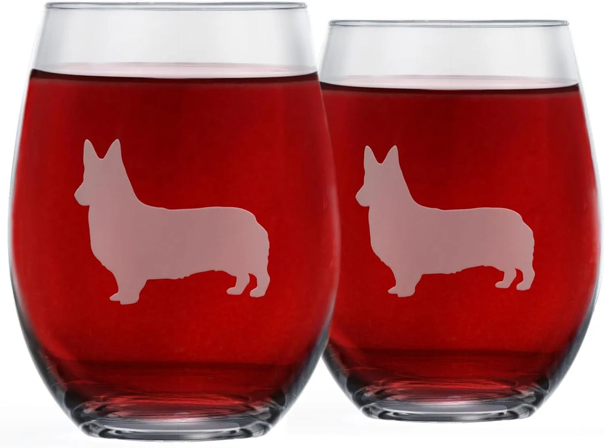 Corgi Stemless Wine Glasses (Set of 2) - Unique gift for Dog Lovers - Etched 2-Sided Corgi Silhouette with Breed Name on the Bottom