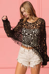 Dolman Sleeve Fringed Crochet Lace Cover Up Top-Reef Love