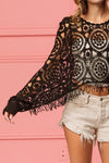 Dolman Sleeve Fringed Crochet Lace Cover Up Top-Reef Love