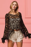 Dolman Sleeve Fringed Crochet Lace Cover Up Top-Reef Love