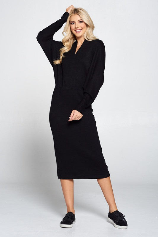 Dolman Sleeve Midi Sweater Dress, Black-Reef Love