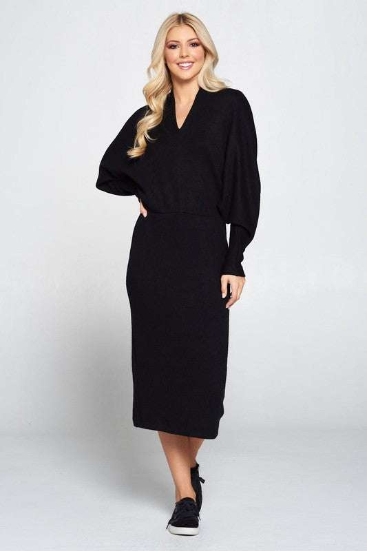 Dolman Sleeve Midi Sweater Dress, Black-Reef Love