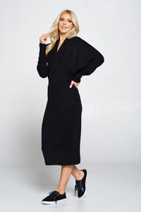 Dolman Sleeve Midi Sweater Dress, Black-Reef Love