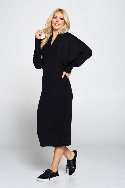 Dolman Sleeve Midi Sweater Dress, Black-Reef Love