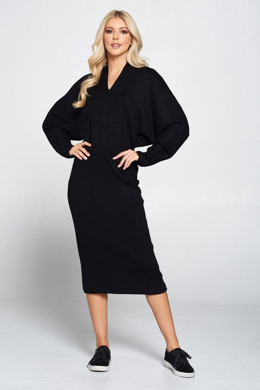 Dolman Sleeve Midi Sweater Dress, Black-Reef Love