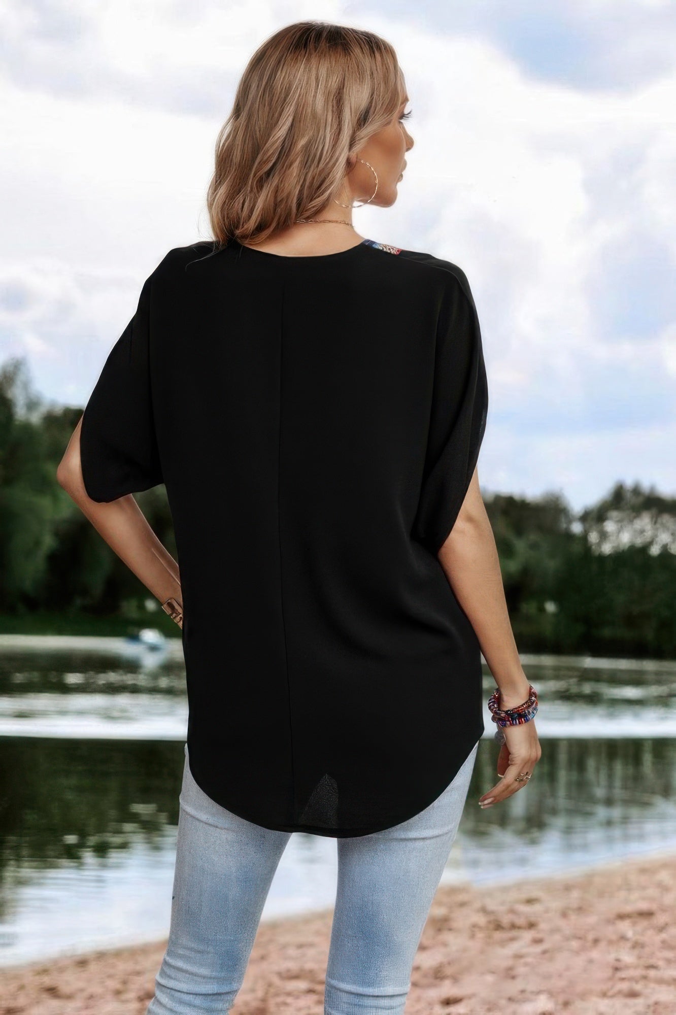 Dolman Sleeves Boho Top-Dolman Short Sleeve Sleeves Boho Top. Embrace effortless boho style with this V-neck short dolman sleeve loose top, designed for relaxed and everyday versatility.