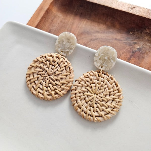 Shop Dominica Earrings - Dark Rattan-Lightweight hand-woven dark rattan earrings with hypoallergenic posts. Natural, modern style perfect for everyday wear, vacations, and warm-weather outfits-available at Reef Love online boho-chic boutique