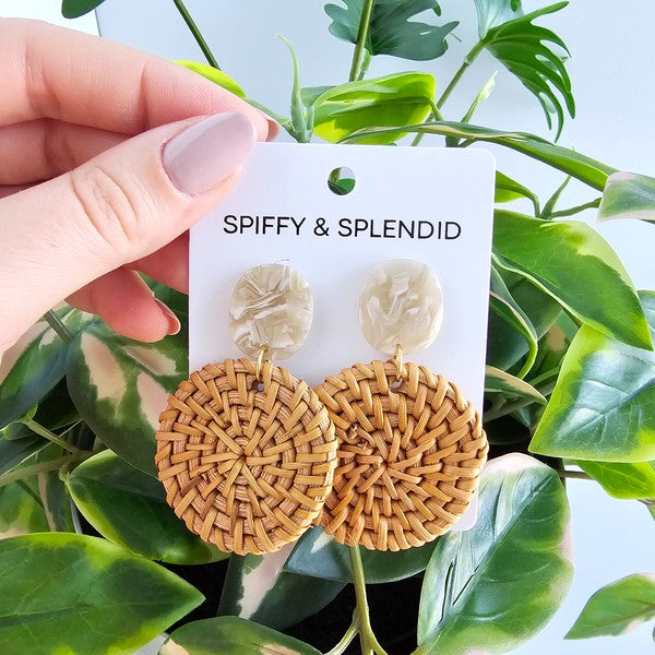 Shop Dominica Earrings - Dark Rattan-Lightweight hand-woven dark rattan earrings with hypoallergenic posts. Natural, modern style perfect for everyday wear, vacations, and warm-weather outfits-available at Reef Love online boho-chic boutique