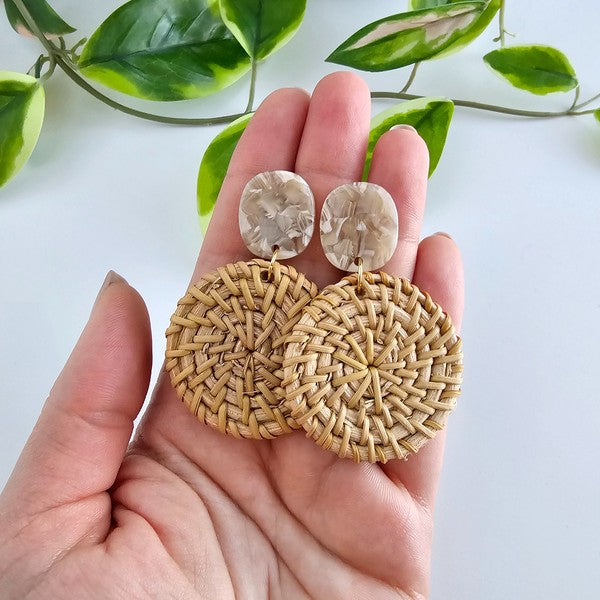 Shop Dominica Earrings - Dark Rattan-Lightweight hand-woven dark rattan earrings with hypoallergenic posts. Natural, modern style perfect for everyday wear, vacations, and warm-weather outfits-available at Reef Love online boho-chic boutique