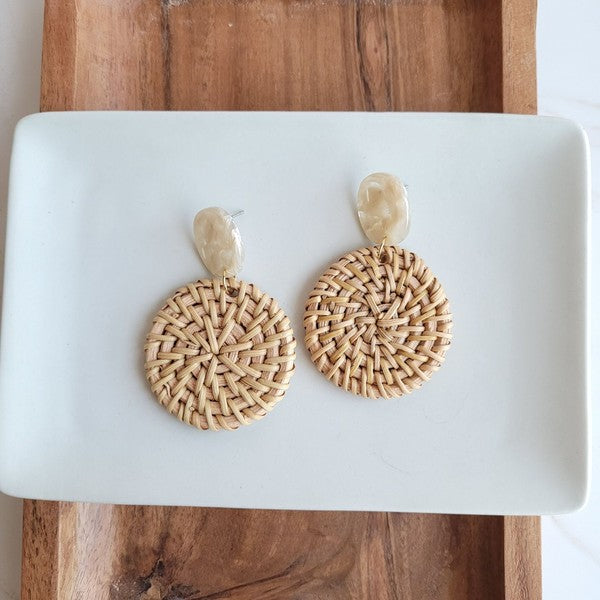 Shop Dominica Earrings - Dark Rattan-Lightweight hand-woven dark rattan earrings with hypoallergenic posts. Natural, modern style perfect for everyday wear, vacations, and warm-weather outfits-available at Reef Love online boho-chic boutique