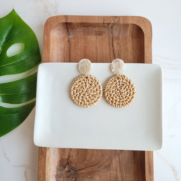 Shop Dominica Earrings - Dark Rattan-Lightweight hand-woven dark rattan earrings with hypoallergenic posts. Natural, modern style perfect for everyday wear, vacations, and warm-weather outfits-available at Reef Love online boho-chic boutique