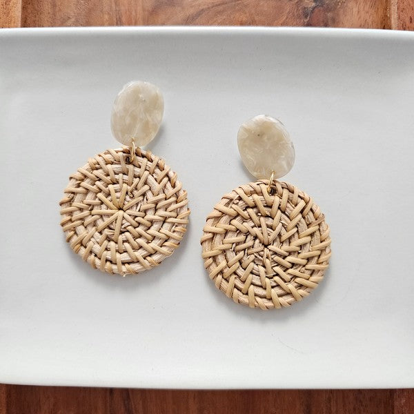 Shop Dominica Earrings - Dark Rattan-Lightweight hand-woven dark rattan earrings with hypoallergenic posts. Natural, modern style perfect for everyday wear, vacations, and warm-weather outfits-available at Reef Love online boho-chic boutique